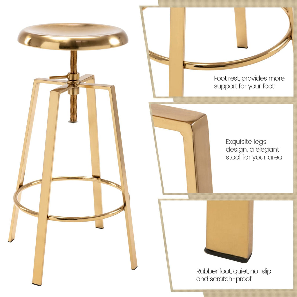Atlas Industrial Bar Stools Set of 2, Adjustable Swivel Metal, Gold