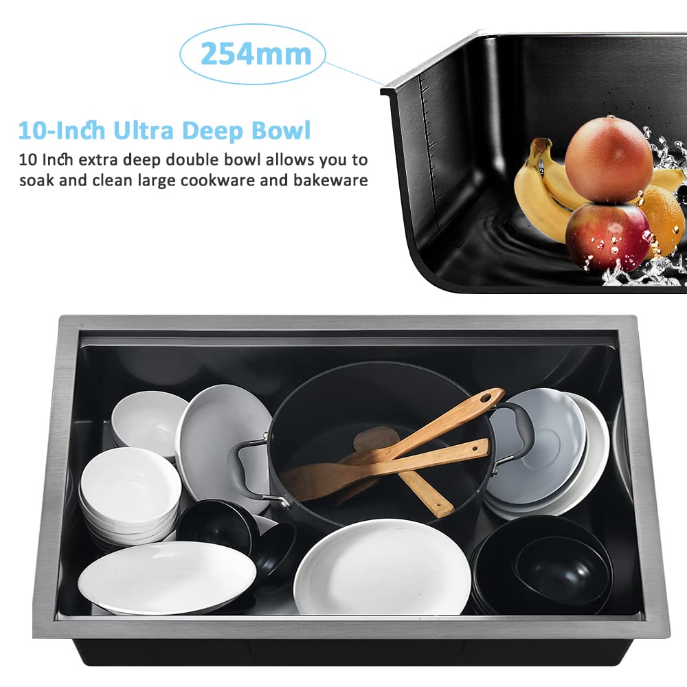 33 Inch Black Undermount Kitchen Sink Workstation- 33x19 Kitchen Sink Undermount Black Stainless Steel 16 Gauge 10"