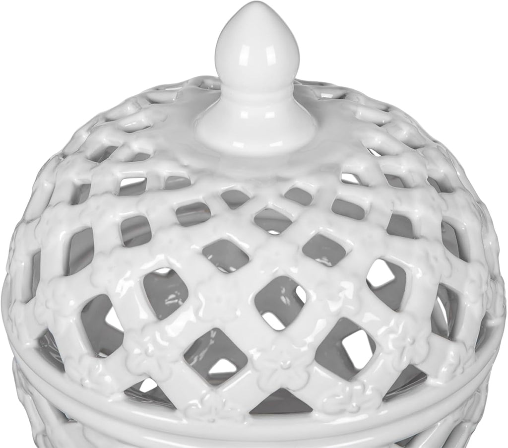 D8X9.5 White Ceramic Lidded Jar with Lattice Design - White - Delicate Lattice Design with Tiny Flowers - Tabletop