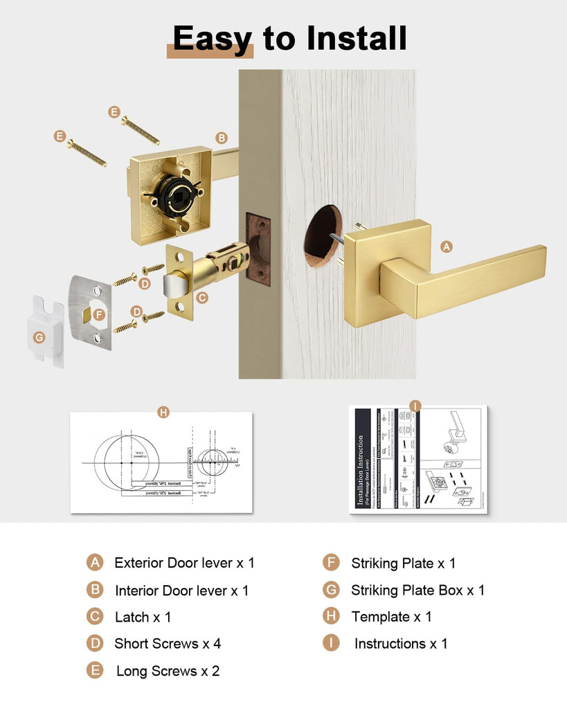 Interior Non-Locking Passage Door Handles 8 Pack, Gold Square Zinc Alloy Door Levers for Closet Hallway