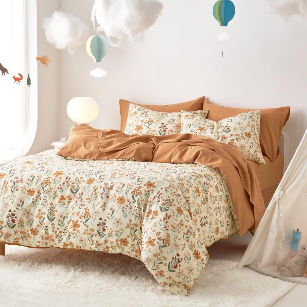 Floral Bedding Set for Girls, Cute Colorful Botanical Flowers Patterned Soft Lightweight Comforter Set with Sheets, 7