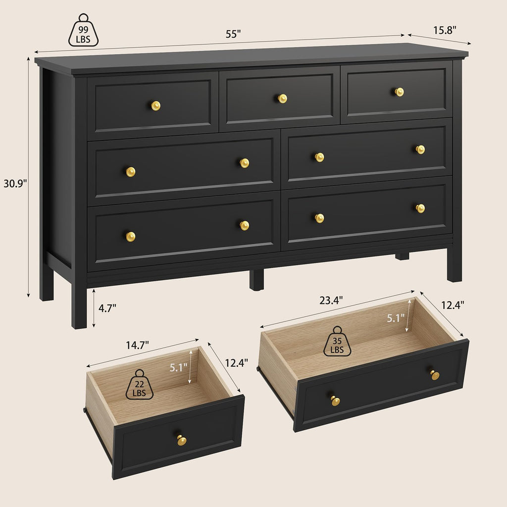 55" Black Dresser with 7 Drawers & Modern Gold Handle
