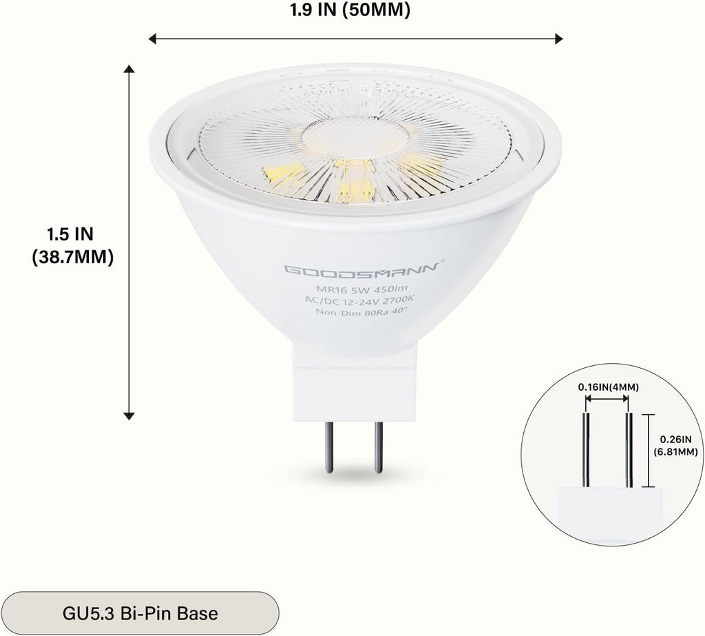 MR16 LED Bulbs, 12V-24V AC/DC Low Voltage Landscape Light Bulbs, 5W (50W Halogen Equiv.), 450LM 2700K Warm