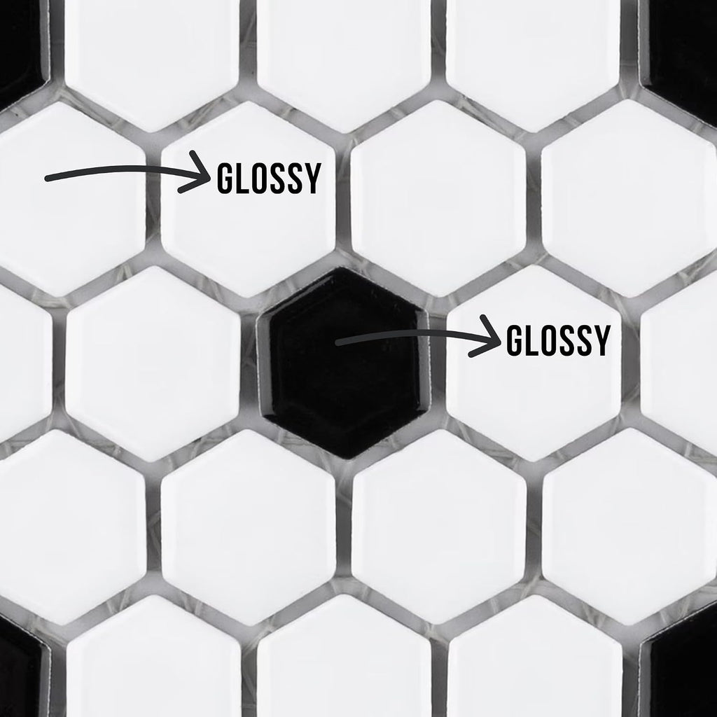 White and Black Hexagon Polished Porcelain Mosaic Tile - Classic Glossy Geometric Wall and Floor Tile , and