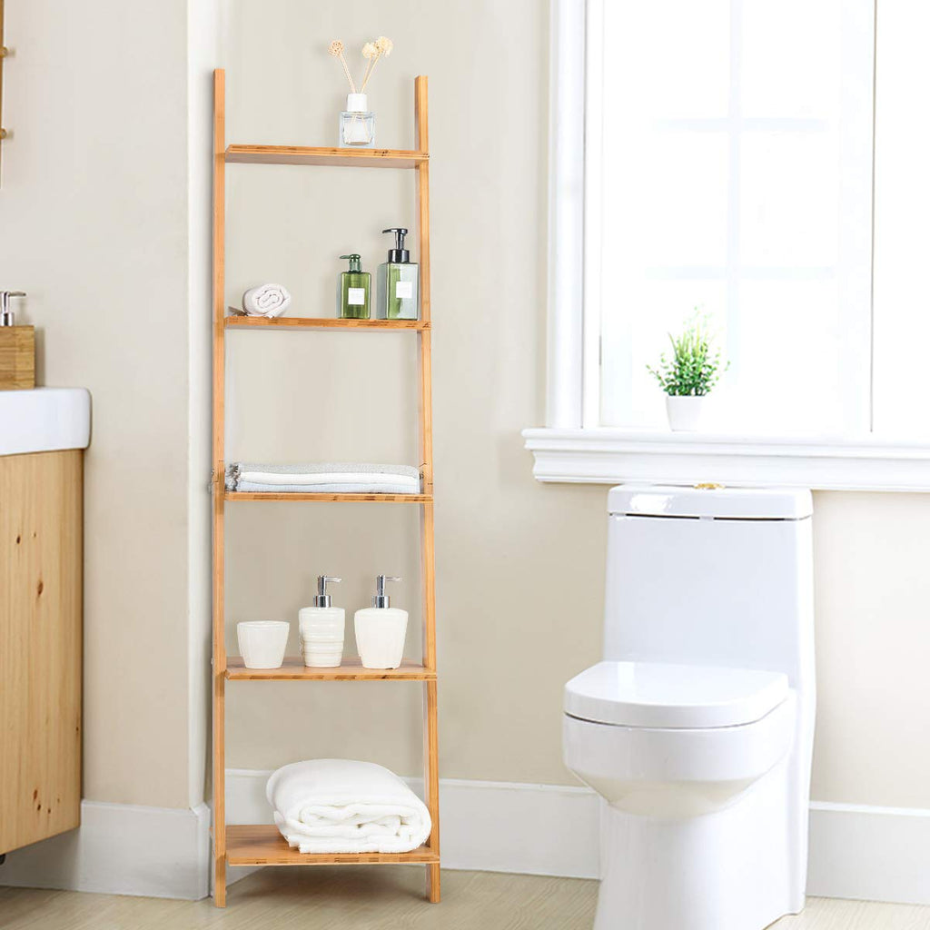 5-Tier Ladder Shelf Bookshelf, 65"H Bamboo Wall-Leaning Bookcase