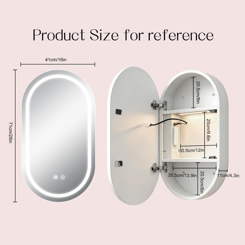 Oval Medicine Cabinet with Light, LED Medicine Cabinet, USB Shaver Socket, Internal Light, Steel with Powder Coating, Soft