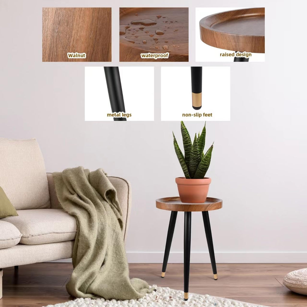 Plant Stand Indoor, Mid Century Walnut Wood Plant Table, Heavy Duty Metal Tall Flower Pot Stand, Modern Round Small