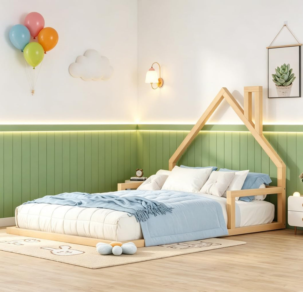 Full Floor Bed for Kids, Wood Full Bed for Kids, Kids bedframe with House-Shaped Headboard, Montessori Floor Beds
