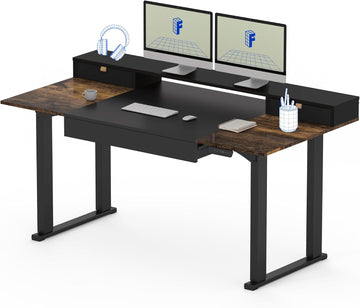 4-Leg Standing Desk with Storage, 63"x32", Black | Electric Adjustable Height, 3 Drawers & Shelving, Storage, Home