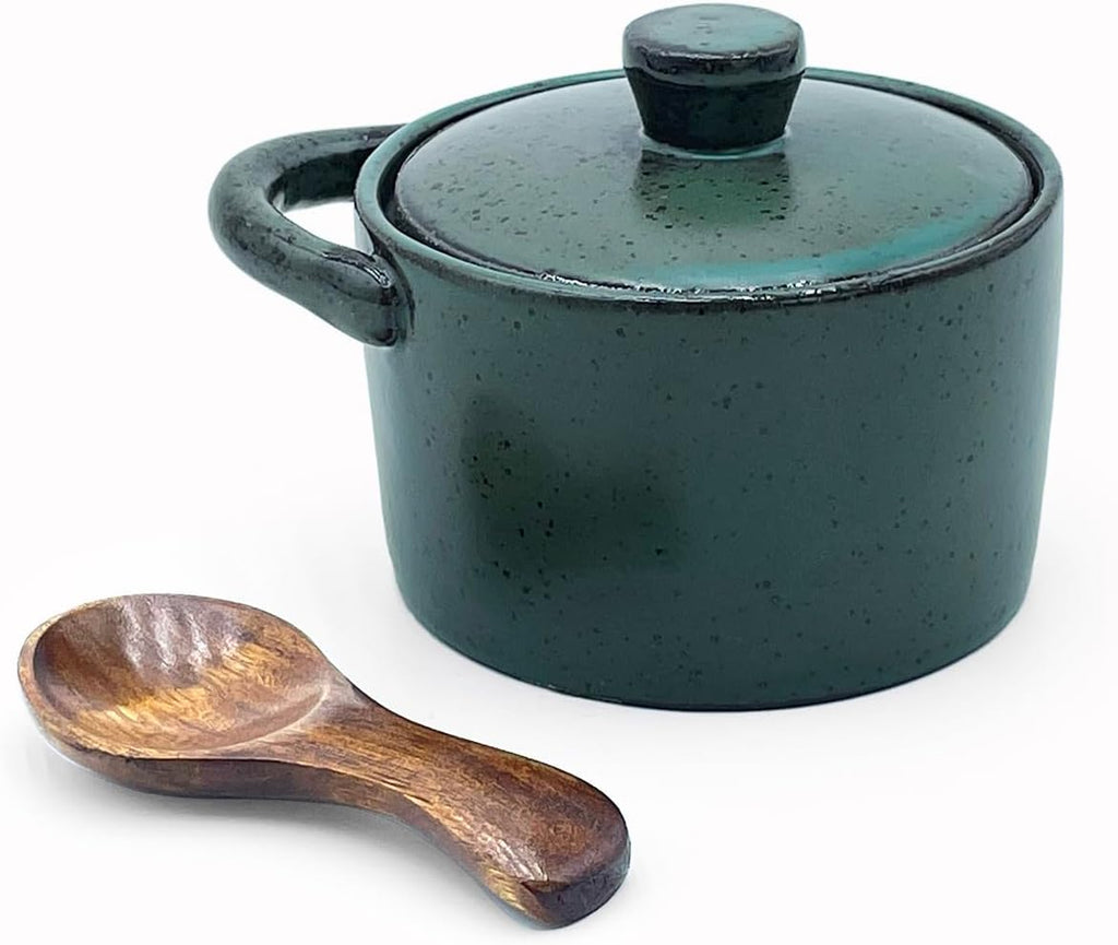 8 oz Ceramic Salt Cellar with Lid & Wooden Spoon,Countertop Salt Container,Sugar Bowl,Spices Jar| Artisan Kitchen
