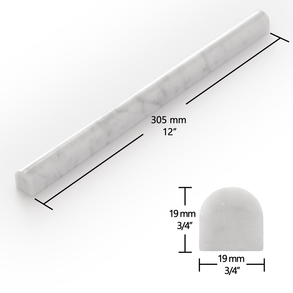 Carrara White Marble Pencil Liner Tile, 3/4" x 12" Honed Natural Stone Bullnose Tile Edge Trim Molding