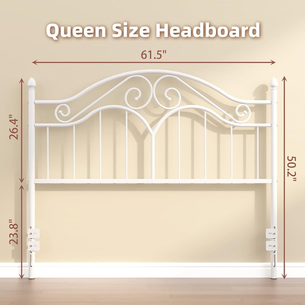Queen Metal Headboard Only, Vintage Scroll Design, Adjustable Height