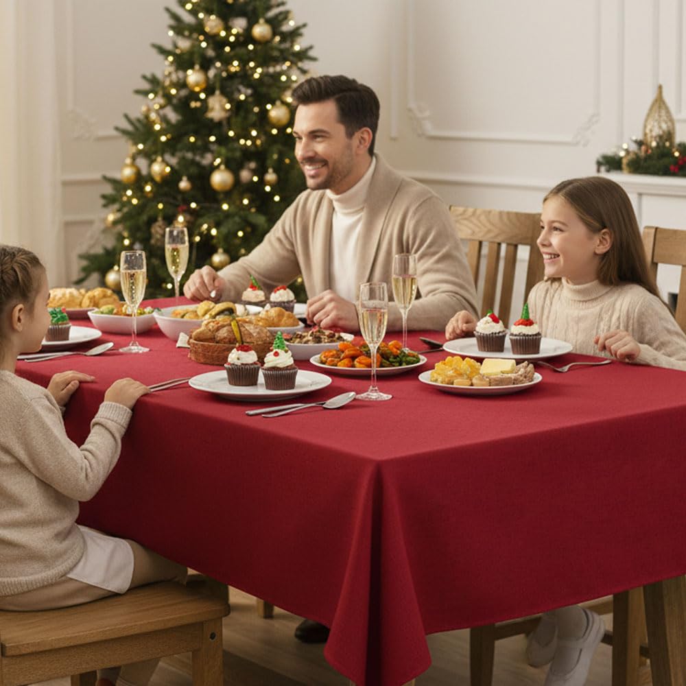 2 Pack Christmas Red Faux Linen Tablecloths Rectangle 60x84 Inch