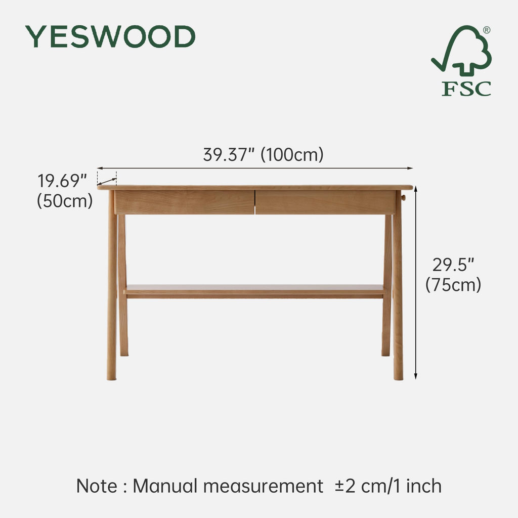 100% Solid Wood Desk with Drawers, Mid Century Modern Oak Desk, Home Office Computer Desk for Study Writing 39.37" W