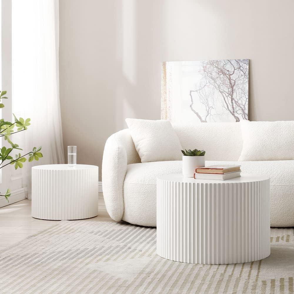 White Round Coffee Nesting Coffee Set of 2 Contemporary Circle Coffee Fluted Side Tables End Office