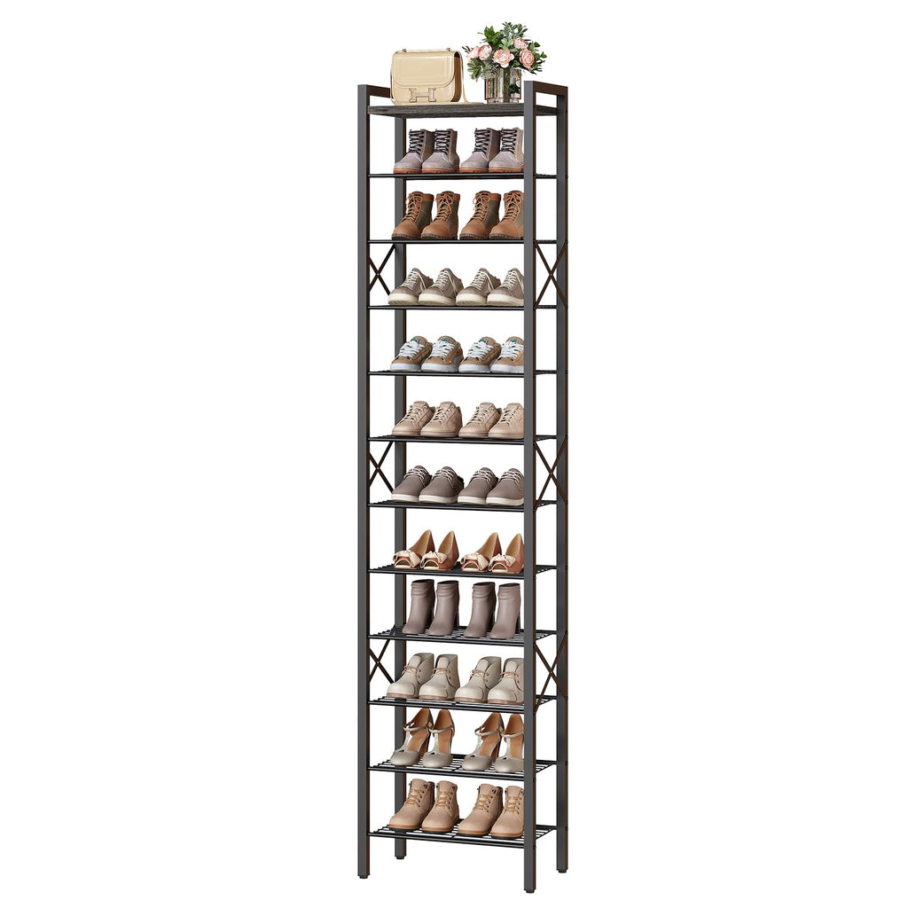 12-Tier Narrow Shoe Rack, Tall Shoe Rack for 12-24 Pairs, Slim Shoe Storage Organizer with Wooden Top, Space Saving