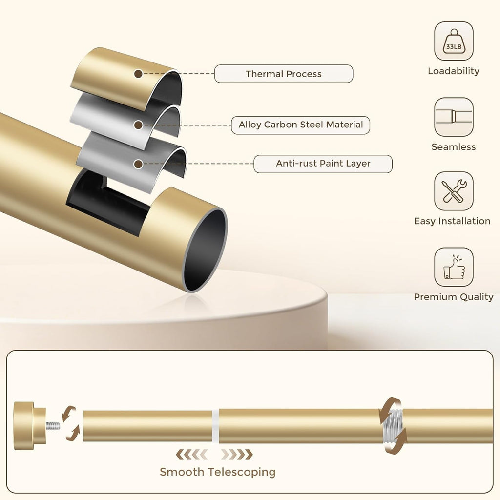 2 Pack Gold Curtain Rods 48 to 84 Inch(4-7FT),1 Inch Heavy Duty Curtain Rods,Adjustable Curtain Rod Set,Modern