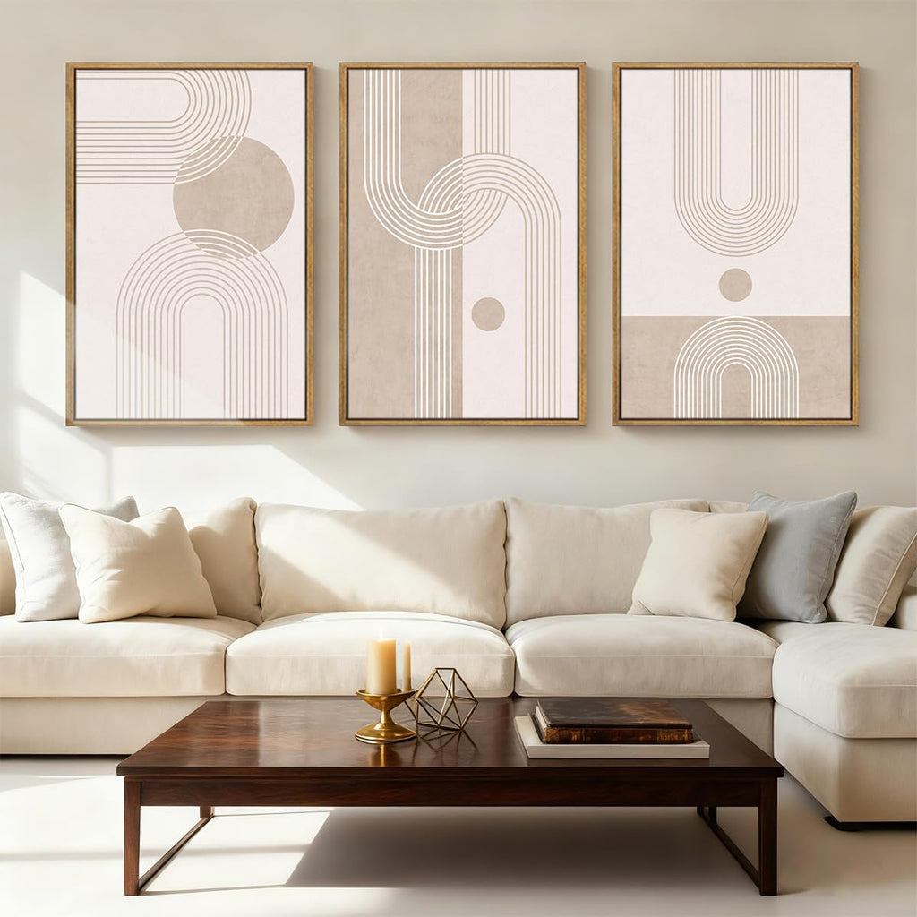 Extra Large Neutral Boho Abstract Canvas Wall Art Set of 3 Framed Mid Century Modern Wall Decor Beige Geometric Line