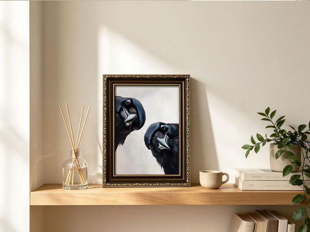 Vintage Gold Framed Crow Wall Art, Whimsical Bird Portrait Canvas Prints