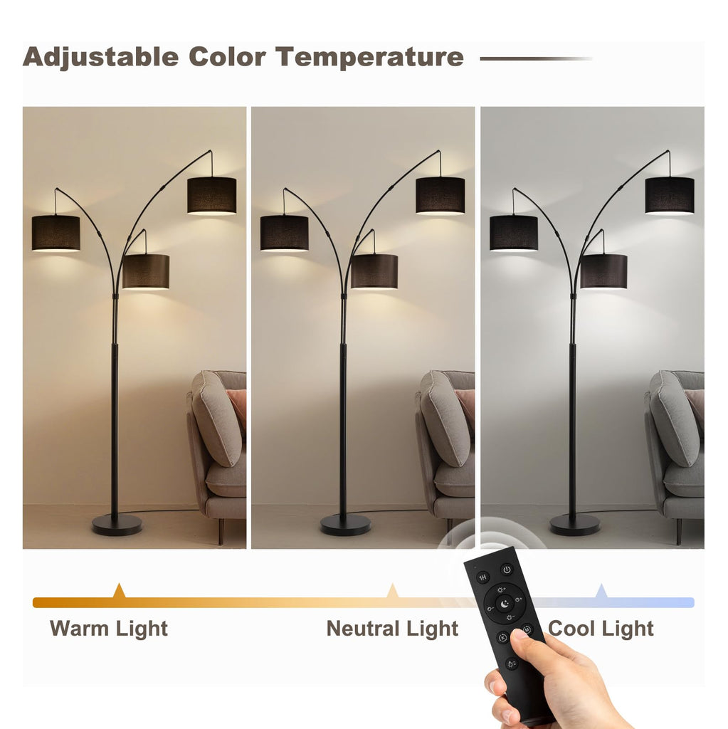 Floor lamp with Remote, 3 Light Arc Floor Lamps, Tall Standing Floor Lamps with Black Shades, 80" Large Floor
