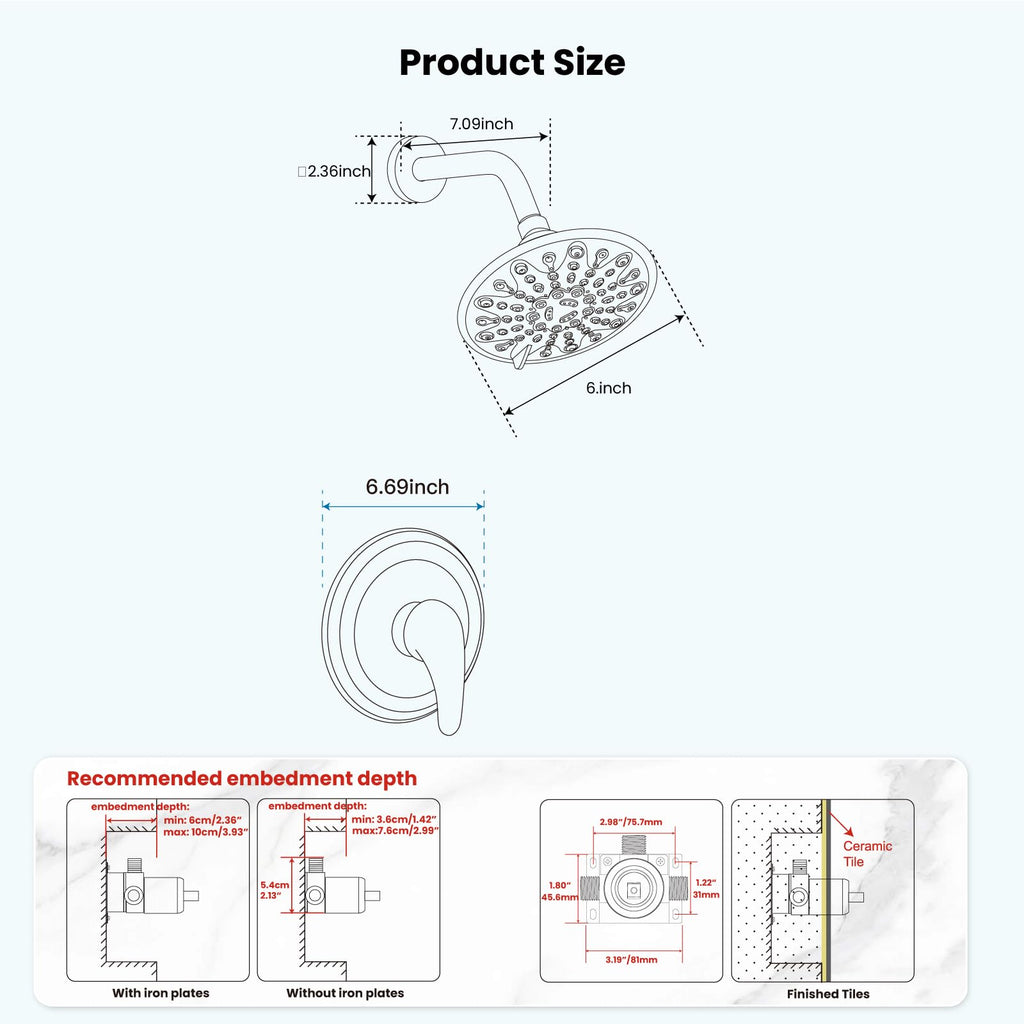 Shower Faucet Set with Valve 6 Mode Rain Head Matte Black