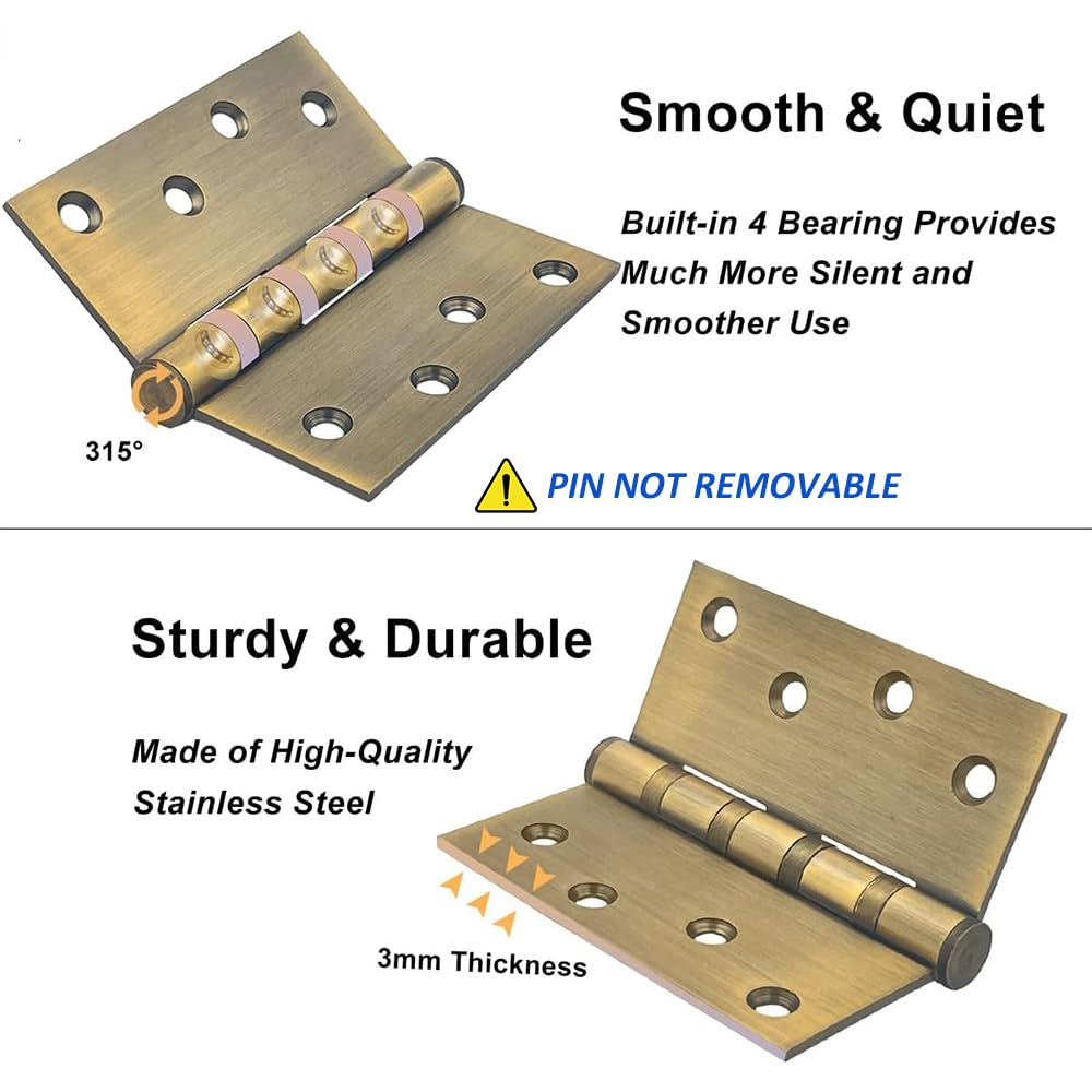 3 Pack Stainless Steel 4'' Door Hinges for Exterior & Interior Doors, 4in x 4in Heavy-Duty Ball Bearing Door Hinges