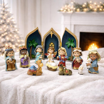 Baby Nativity Scene 12-Piece Handcrafted Resin Figurine Set with Creche Christmas Nativity Set for Kids & Families