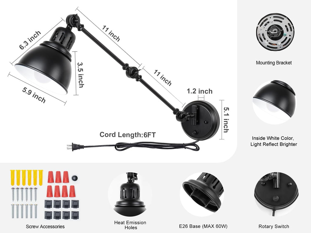 Plug in Wall Sconce, Dimmable On Off Switch, Swing Arm Wall Lamp, Black Metal Industrial, Plug in Wall Light