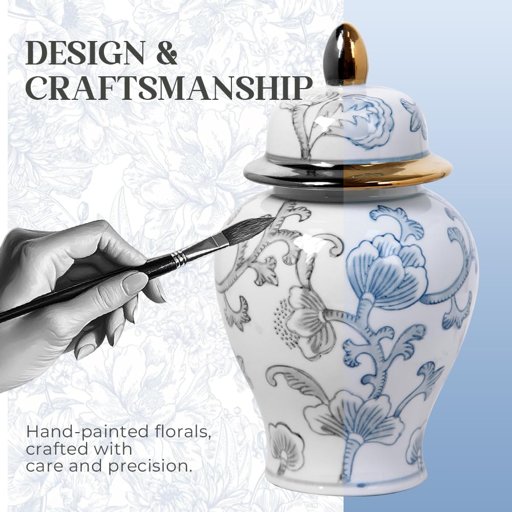 Blue and White Ginger Jar with Hand-Painted Floral Design, Ceramic Decorative Vase with Gold Trim Lid, Chinoiserie