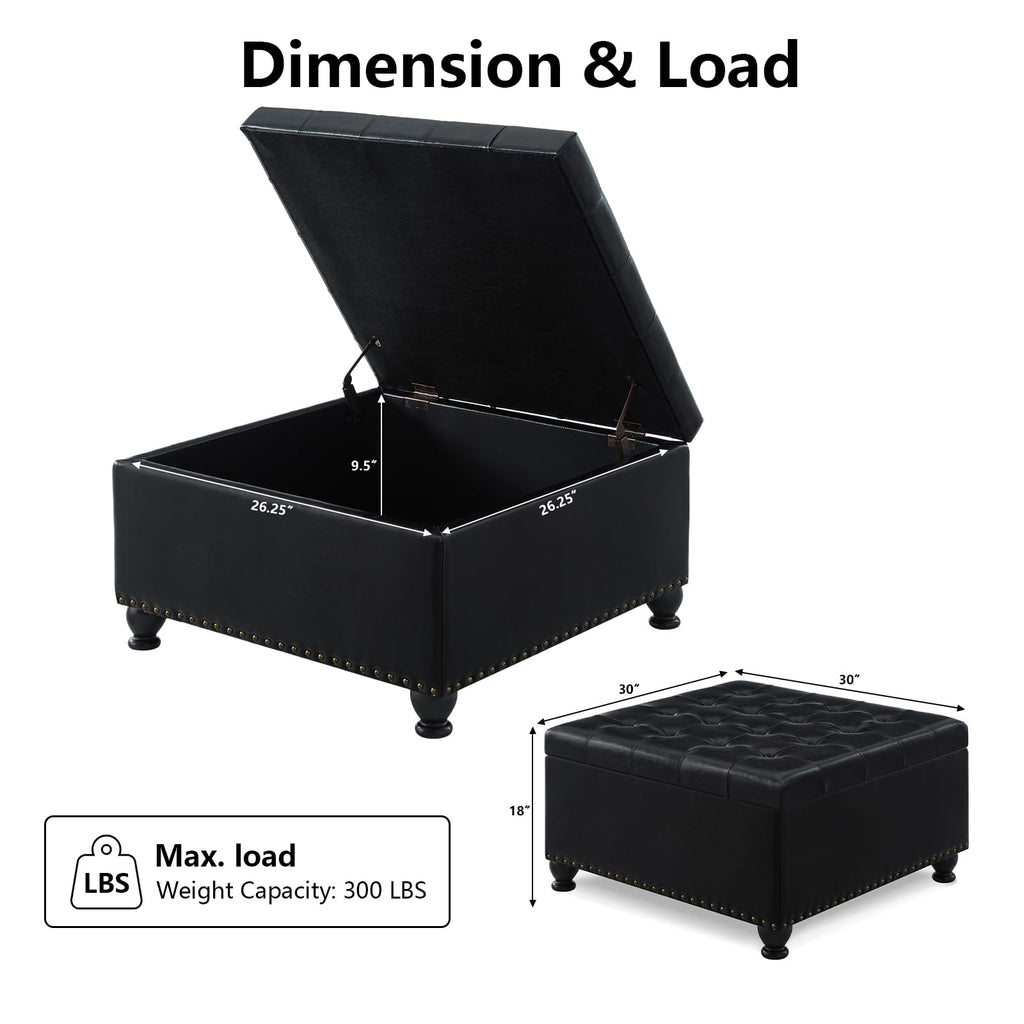 30 Inch Square Ottoman with Storage Oversized Button Tufted Storage Ottoman with Nail Trims Faux Leather Padded Seat