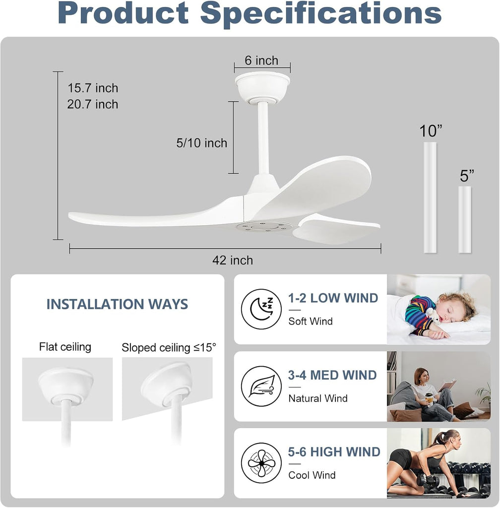 42 Inch Solid Wood Ceiling Fan with Remote, White, No Light, 6-Speed Reversible DC Motor, Indoor/Outdoor