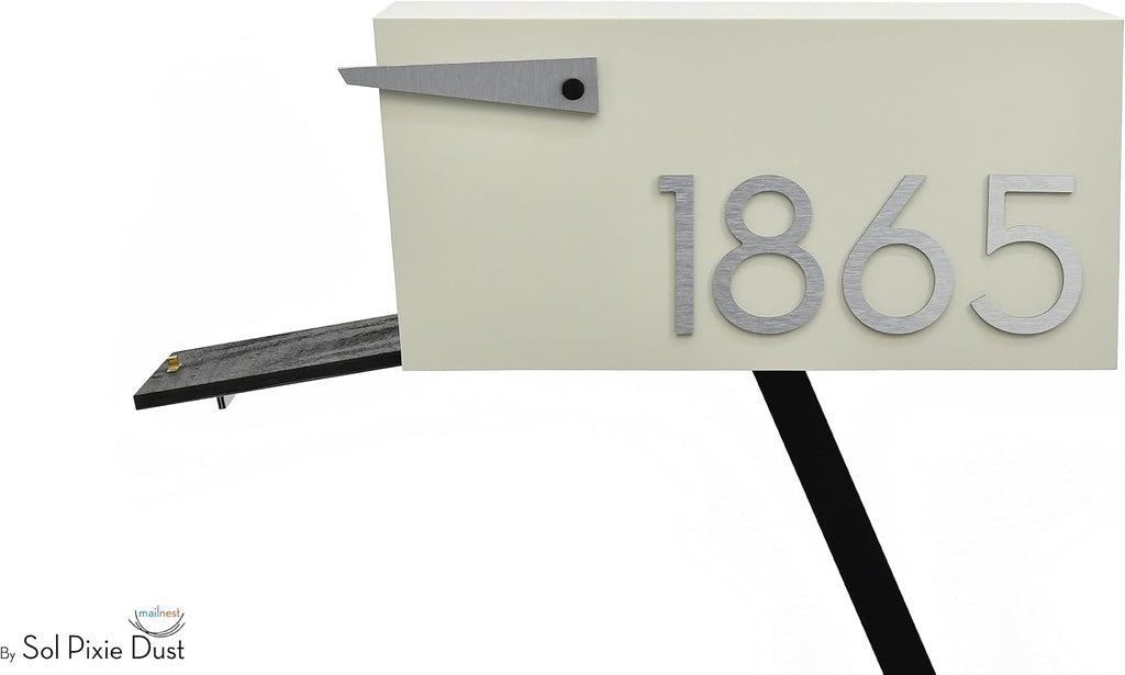 Contemporary Post-Mount Mailbox - Aluminum Ivory White Body with Aluminum Door, Numbers and Flag
