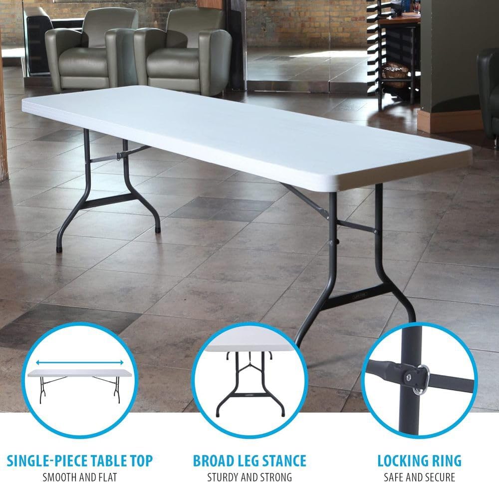 8-Foot Commercial Folding Table, White Granite HDPE Top, Steel Frame