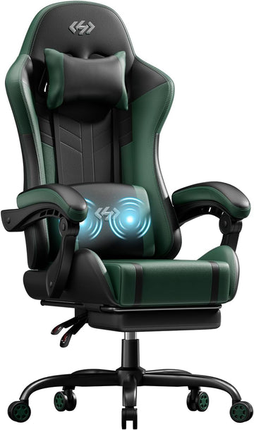 High Back Gaming Chair, USB Massage Lumbar Support, Black&Green