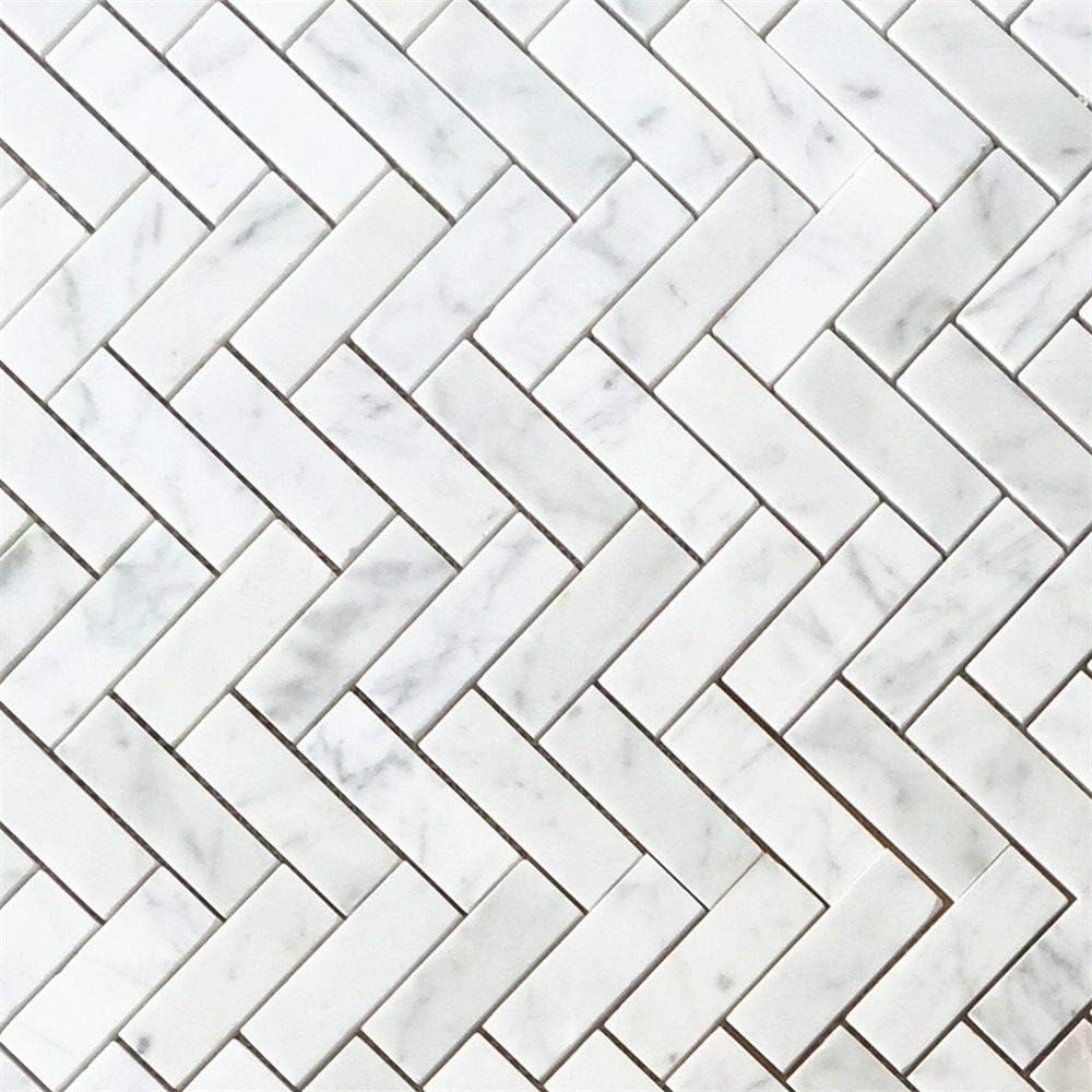 Carrara Marble 1x2 Herringbone Mosaic Tile Polished Backsplash Bathroom Floor and Wall Shower ((Box of 4 Sheets))