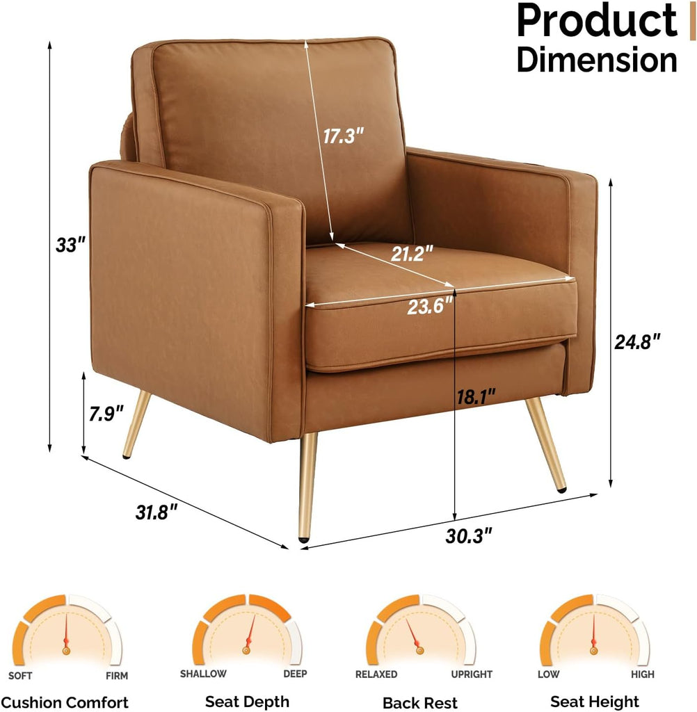 PU Leather Accent Chair Brown Mid Century Modern Upholstered Sofa Chairs with Arms, Gold Legs