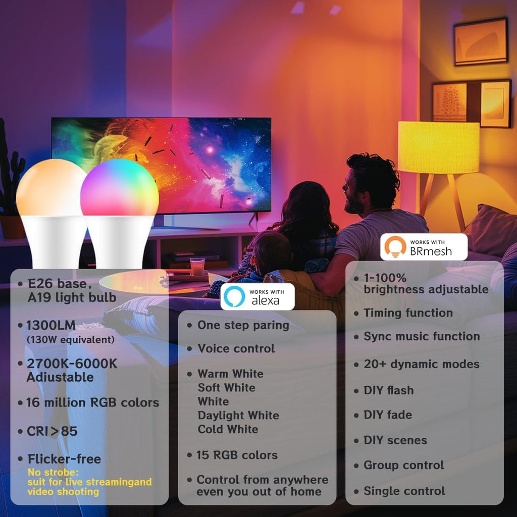 Smart Light Bulbs 130W Equivalent, Color Changing Light Bulb, Work with Alexa Only, 16 Million Colors RGBWW, Music