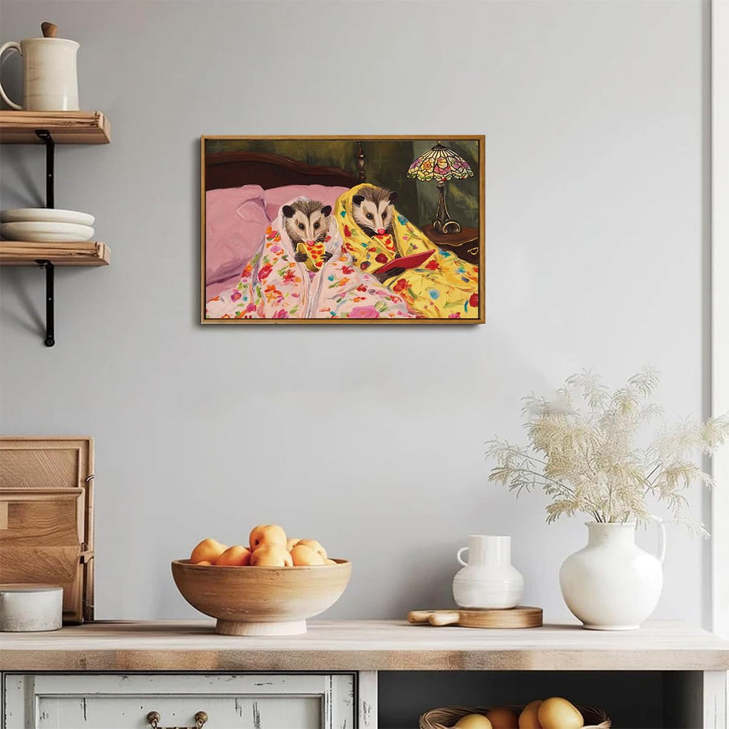 Framed Funny Opossum Wall Art - Whimsical Possum Eating Pizza in Bed Canvas Print, Funky Eclectic Animal Picture