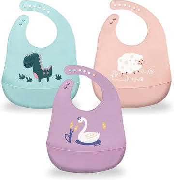 Bibs with Food Catcher (Set of 3) - BPA Free Plastic, Durable and Adjustable Bib - Silicone Bibs for Babies