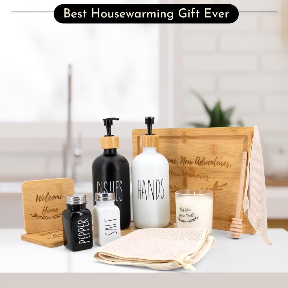 House Warming Gifts New Home - Home Essentials for New Home Gift Set Includes Scented Candle, Bamboo Cutting Board - Set of 18