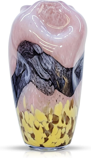 Murano Style Glass Vase, Hand Blown Decorative Art Vase with Ruffled Opening for Flowers, Shelf Tabletop Mantel