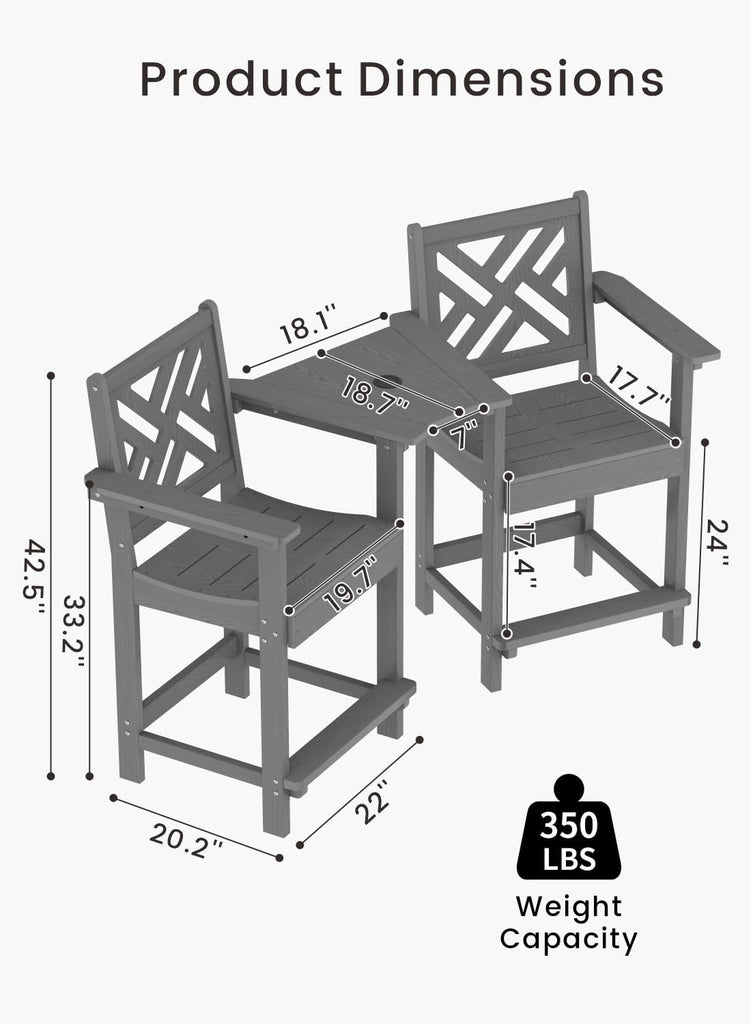 Tall Adirondack Chairs Set of 2, Outdoor 24'' Counter Height Bar Stools with Back and Arms, All-Weather HDPE Patio