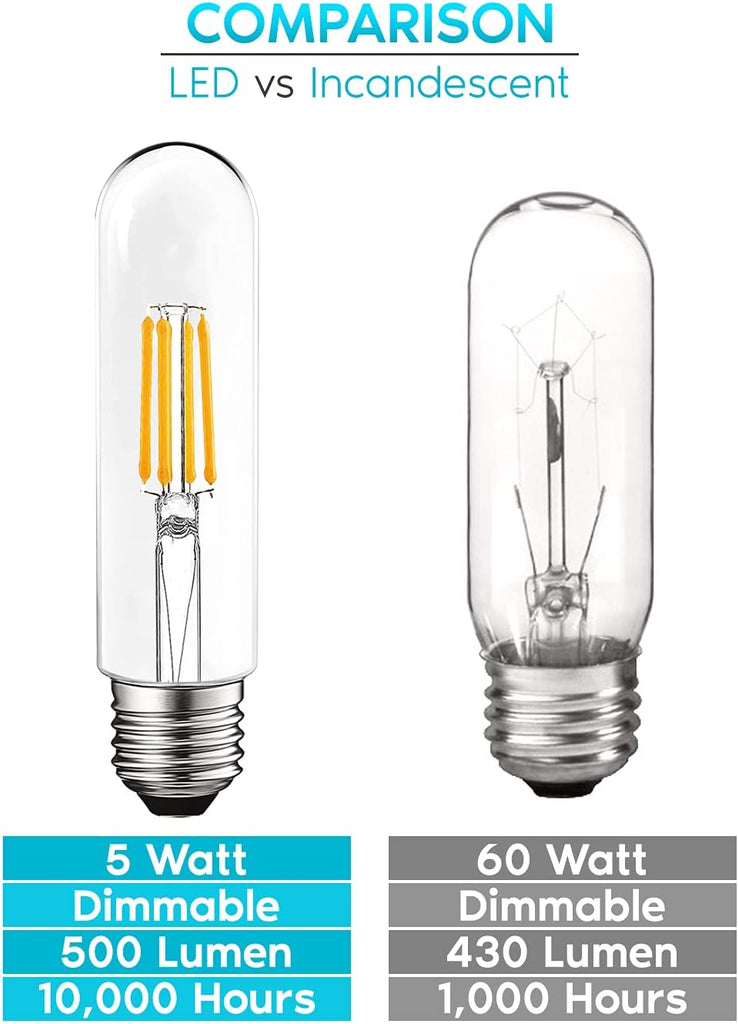 T10 LED Bulb, 5W=60W Equivalent, 3000K Soft White, Vintage Edison Filament Bulb, 500 Lumens, Tubular Light Bulb, Damp