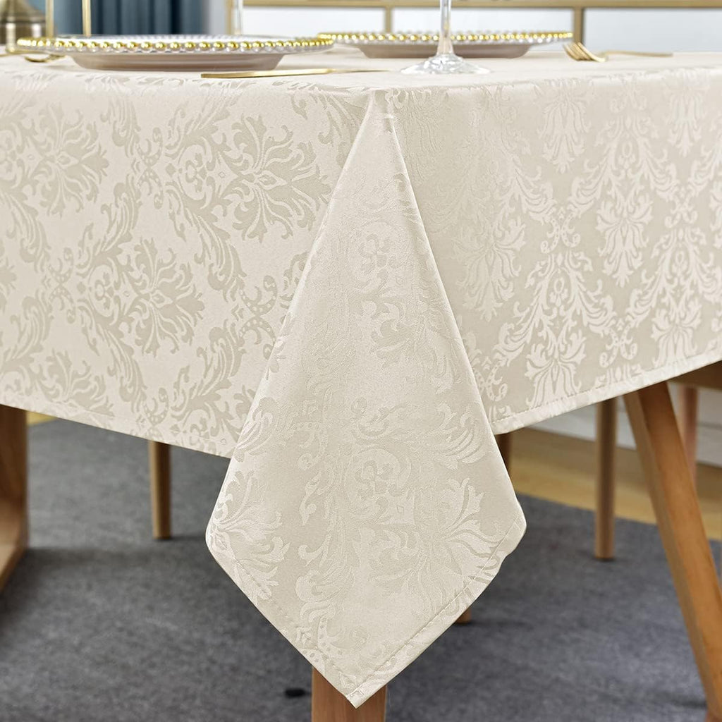 Jacquard Tablecloth Rectangle 60 x 102 Inch Beige, Spill Proof Washable Damask Table Cloth, Soft Pol