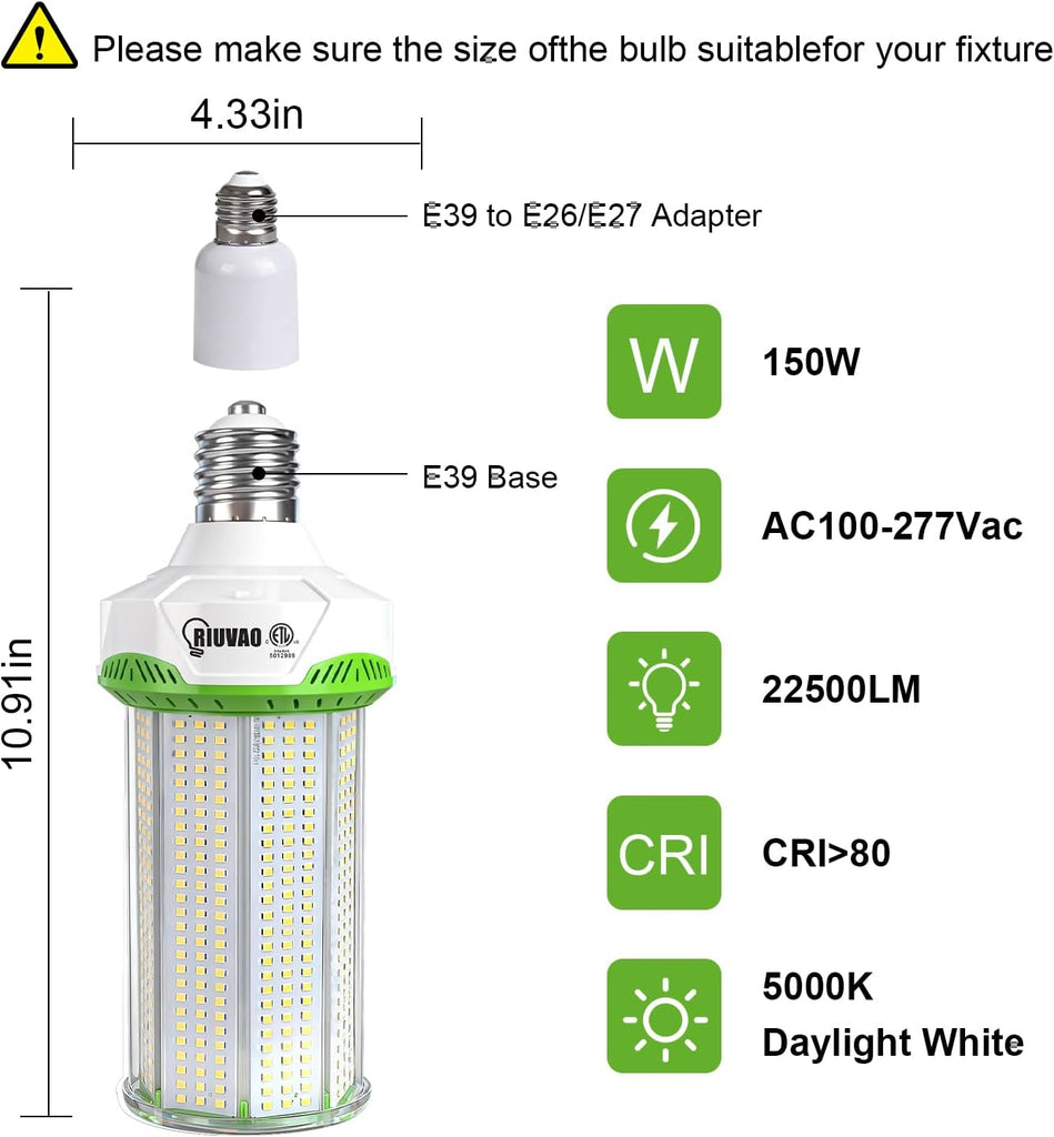 2 Pack 150W LED Corn Light Bulb 22500LM 5000K Daylight Super Bright LED Corn Bulbs, E26/E39 Base Light Bulb