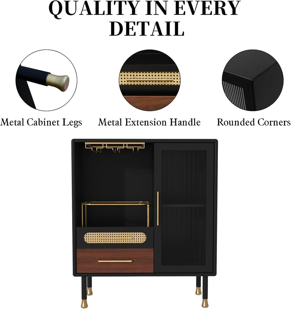 Modern Coffee Bar Cabinet with Pull-Out Wine Storage, Black | Bar Cart with Wine Glass Rack and Drawers, Liquor