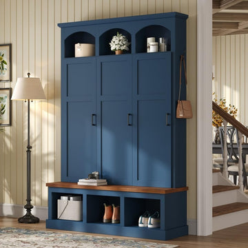 Farmhouse Blue Hall Tree with Bench, 3 Hidden Storage with 3 Hooks