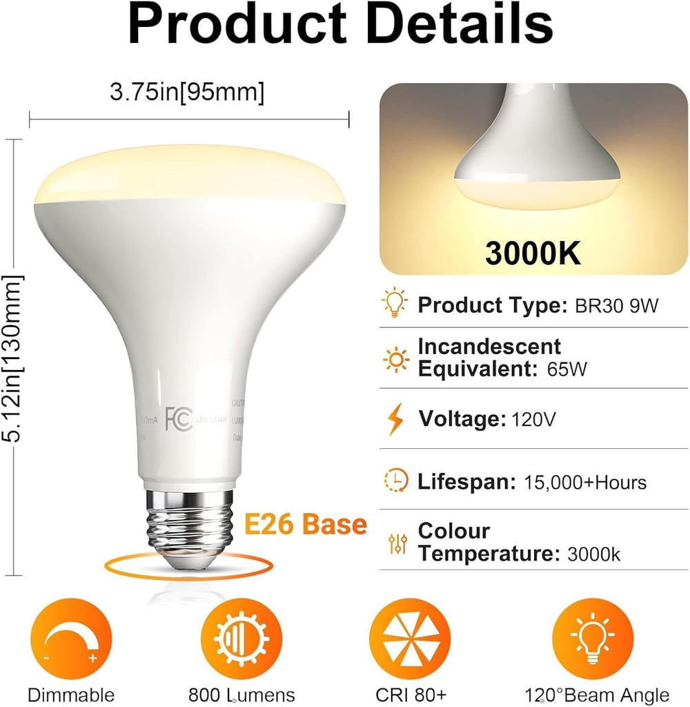BR30 LED Bulb 65 Watt Equivalent, Soft Warm White 2700K, E26 Standard Base, 12 Pack
