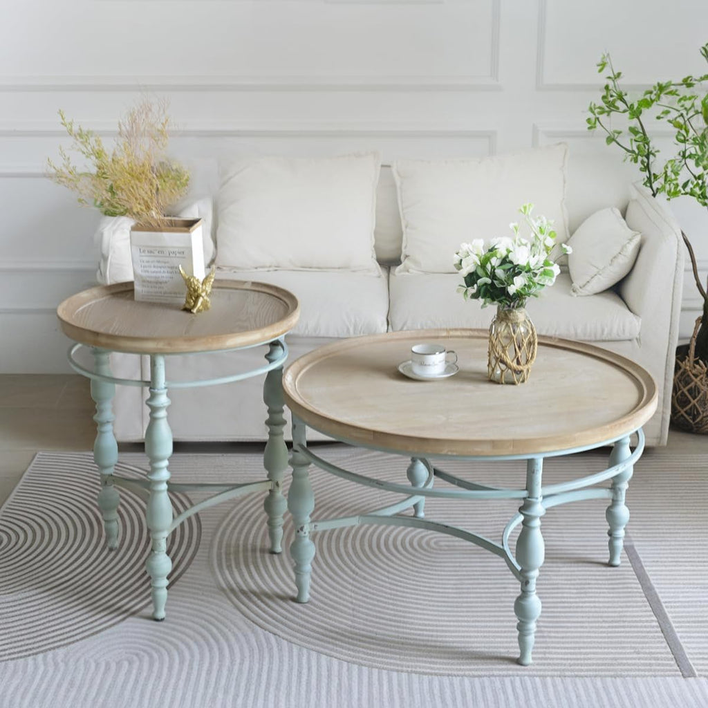 Rustic Farmhouse Round Coffee Table, French Country Vintage Center Table,φ31.5'' x18.9''H Rustic Solid Wood with Vintage Iron Legs, for Living Room, Bedroom,Dinning Room,Nature White