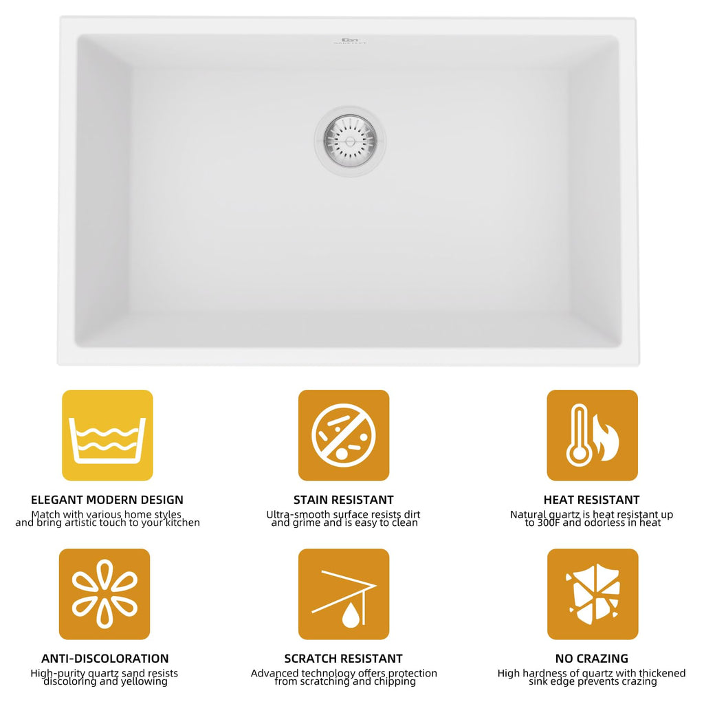 Quartz Kitchen Sink, 30 Inch White Undermount Kitchen Sinks, Deep Single Bowl Granite Composite Sink, Modern Sinks